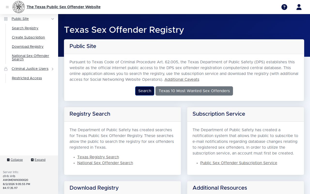 Official Texas DPS Sex Offender Registry search page